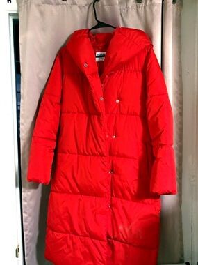 Old Navy Red Long Hooded Puffer Coat